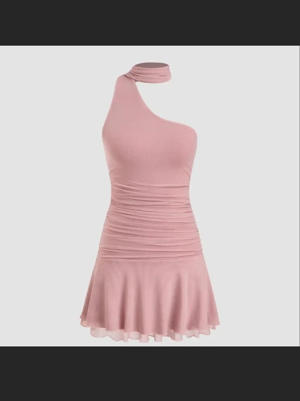 Cider One-Shoulder Ruched Choker Midi Dress in Blush Pink